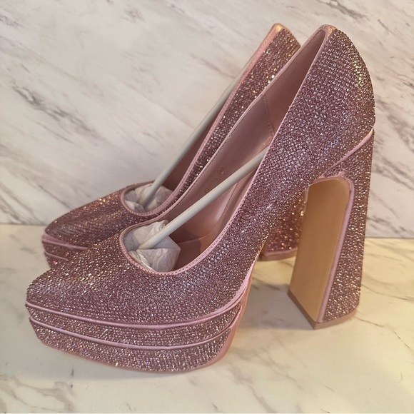 NWT Rhinestoned Block Heel Platform Pumps - Rose - Size 8.5 - Picture 9 of 17